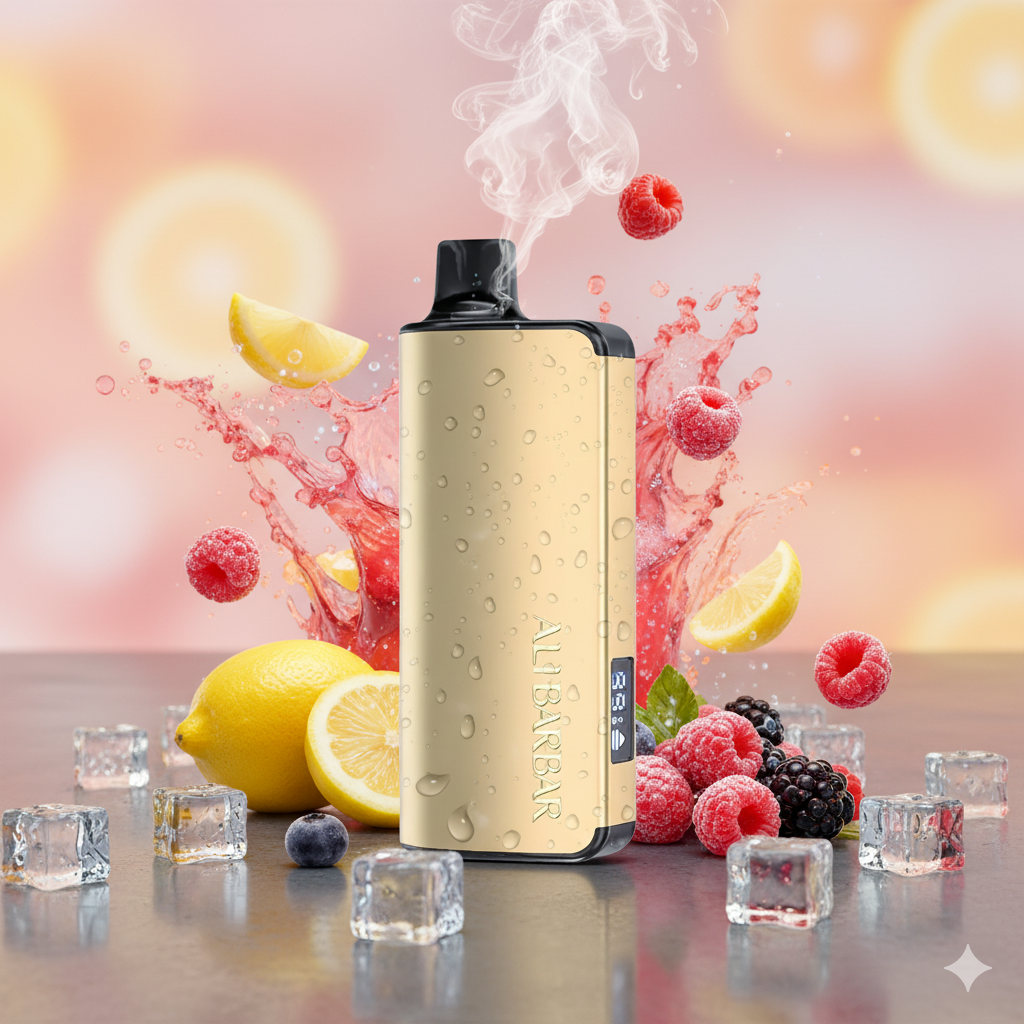 The gold Alibarbar Ingot 9000 vape in Pink Lemon held in hand on a sunny Australian balcony.