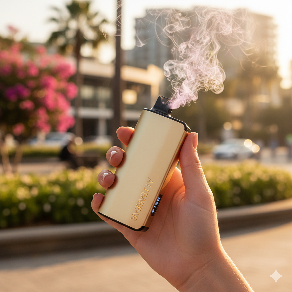 A person vaping the Alibarbar Ingot 9000 Pink Lemon while sitting at an outdoor cafe in Melbourne, looking relaxed.