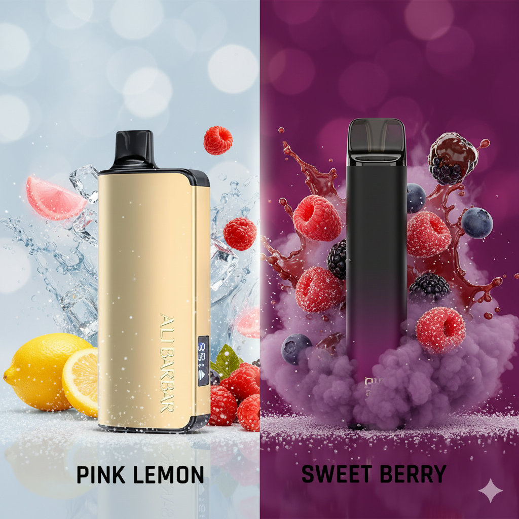 The Alibarbar Ingot 9000 Pink Lemon vape placed next to an IGET and a grape-flavoured disposable for a flavour comparison.