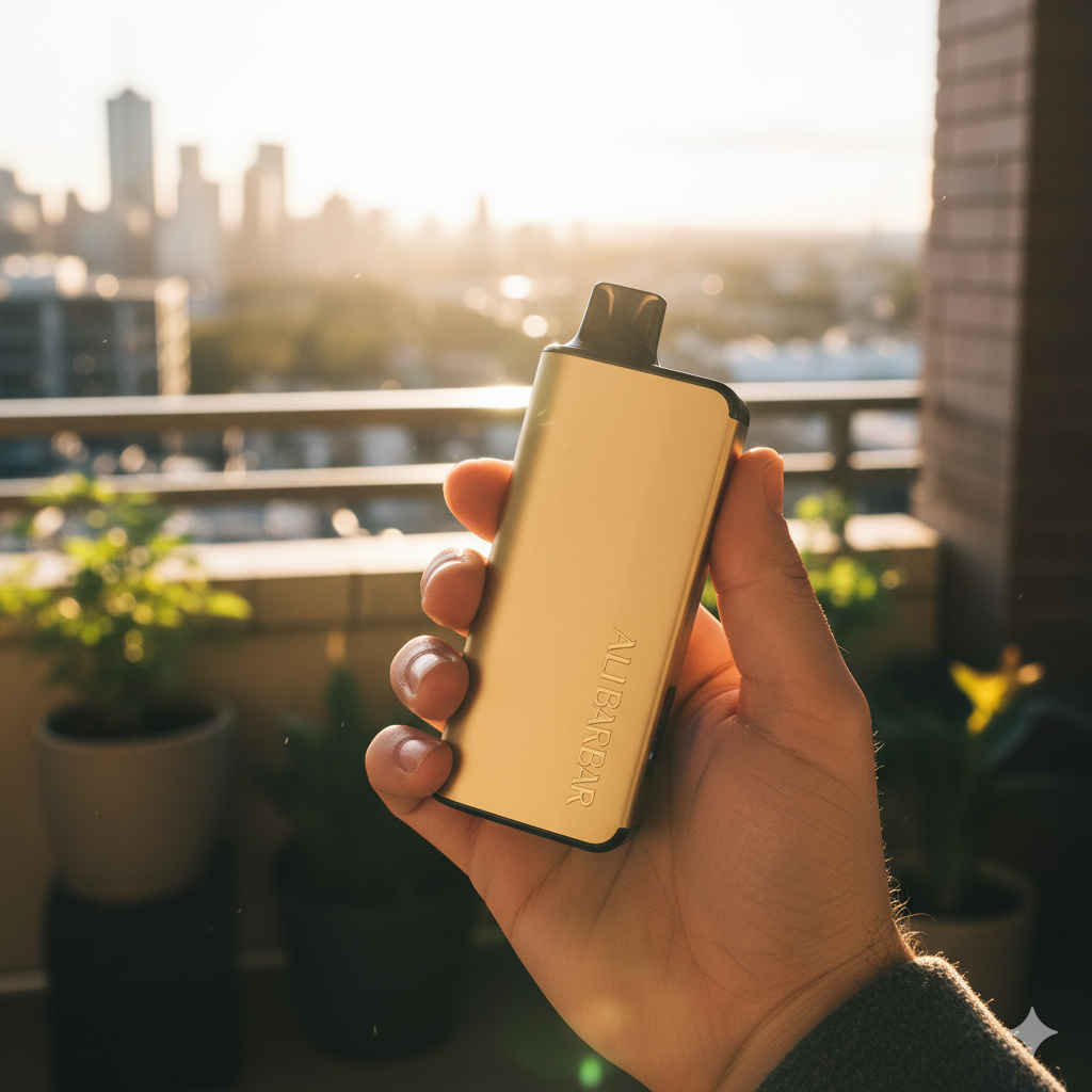 A person holding the Alibarbar Ingot 9000 Strawberry Watermelon vape, with the gold casing catching the afternoon light on a balcony in Melbourne.