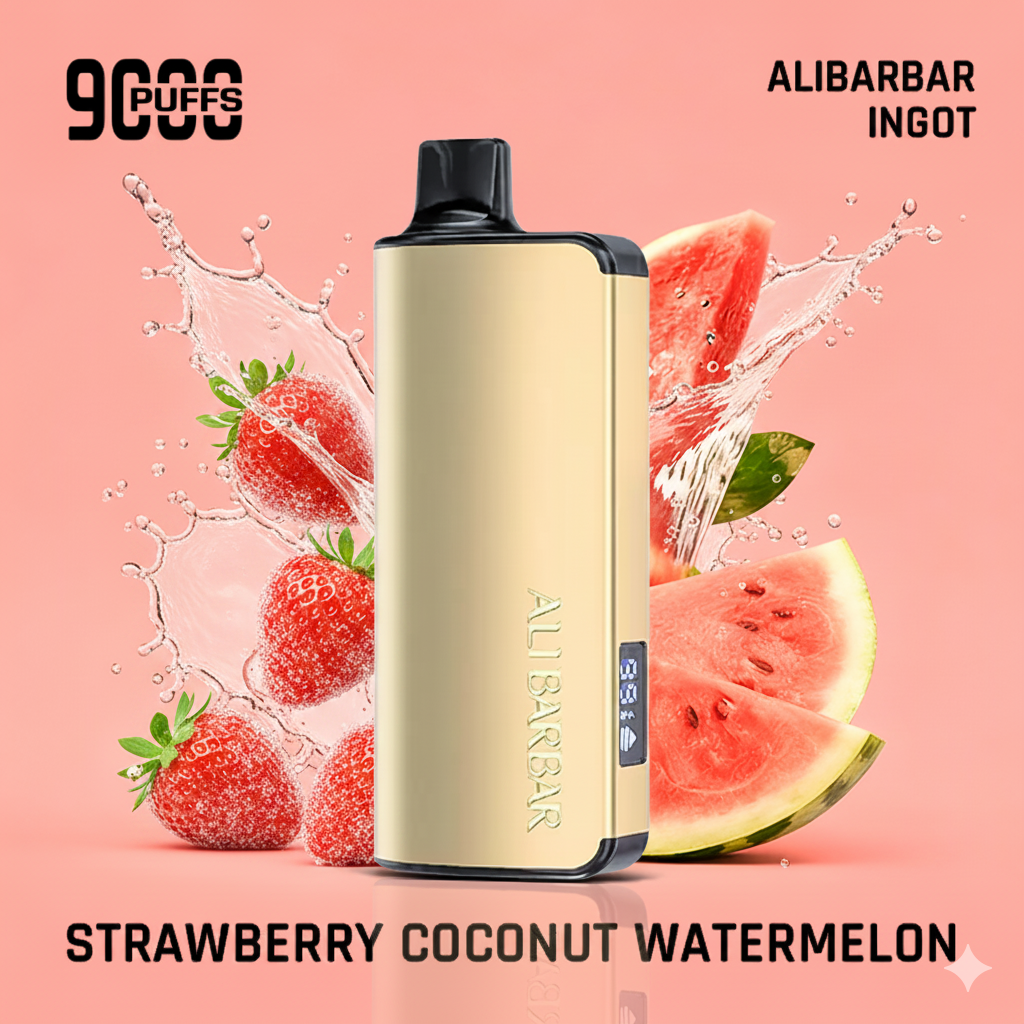 An infographic splitting the Alibarbar Ingot 9000 into two flavour profiles, showing a candied strawberry on one side and a fresh watermelon slice on the other.