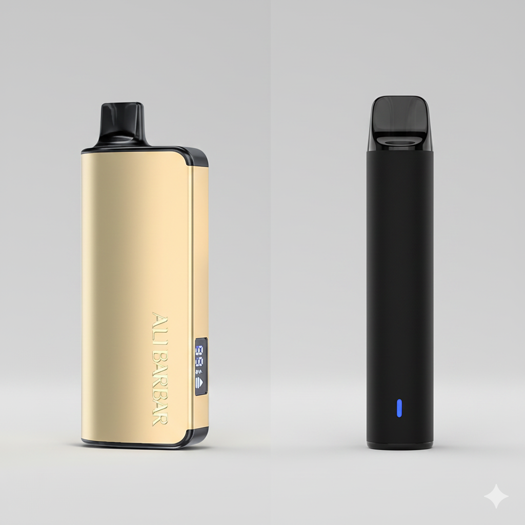The Alibarbar Ingot 9000 placed side-by-side with an IGET Bar, comparing the size and mouthpiece of the two disposable vapes.