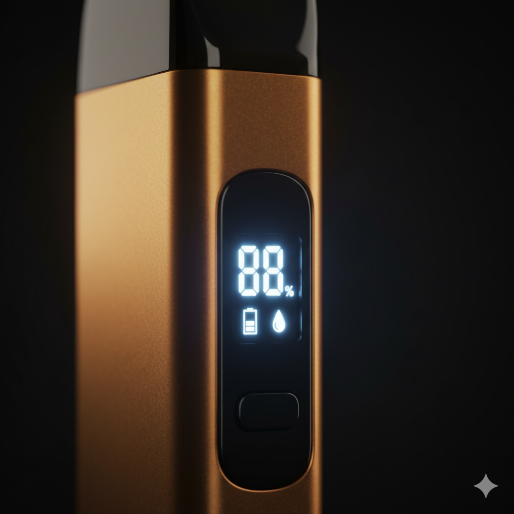 A detailed macro shot of the Alibarbar Ingot 9000's LED screen, displaying the battery and e-liquid levels.