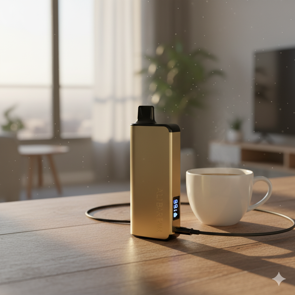 A person safely plugging a USB-C cable into the bottom of an Alibarbar vape on a desk.