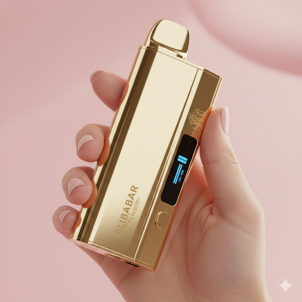 A hand holding the gold Alibarbar Ingot 9000 Chupa Chups Strawberry vape against a clean, modern background.