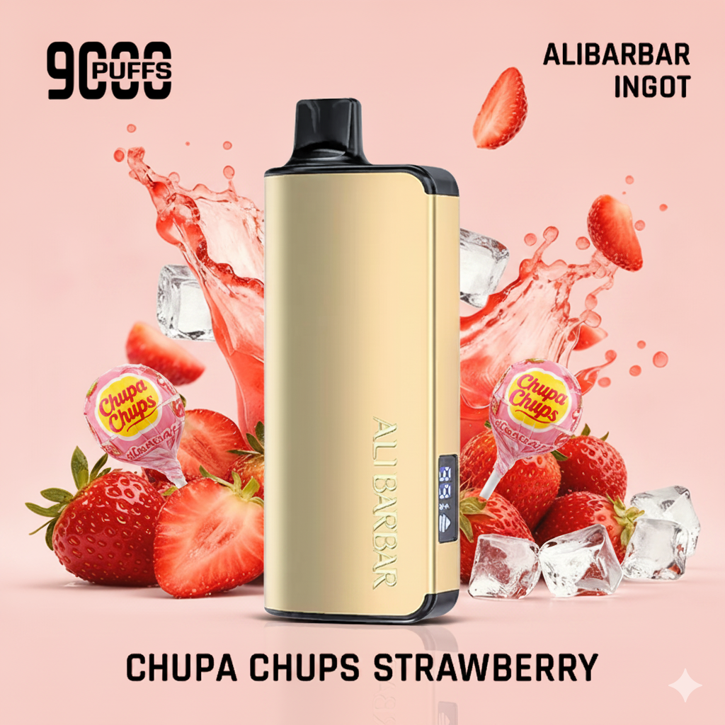 A graphic showing the flavour profile of the Alibarbar vape, highlighting "Candy Strawberry," "Creamy Undertones," and "Zero Ice."