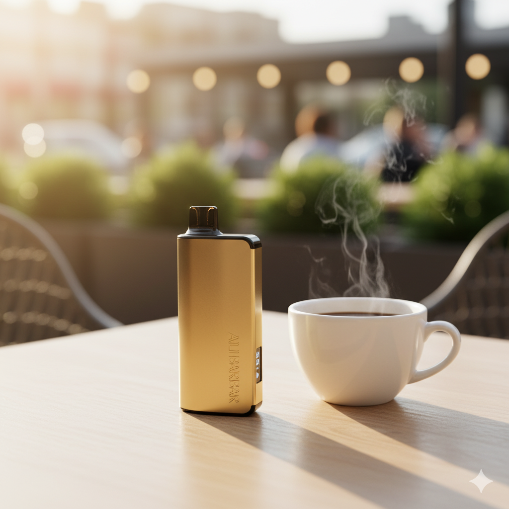 The Alibarbar Chupa Chups Strawberry vape resting on a cafe table in Melbourne next to a coffee cup.