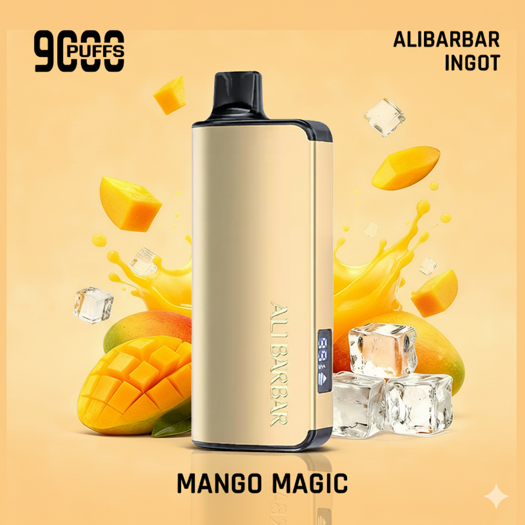 An informative infographic illustrating the Alibarbar Ingot 9000 Mango Magic flavor profile, highlighting key notes of ripe mango, balanced sweetness, and a refreshing medium cooling finish[3].