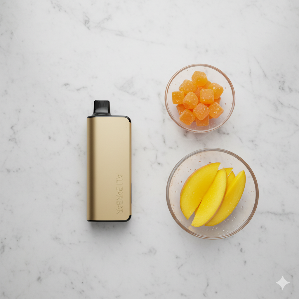 The stylish gold Alibarbar Ingot 9000 Mango Magic vape resting on a sleek timber work desk alongside a modern laptop and a fresh cup of coffee.