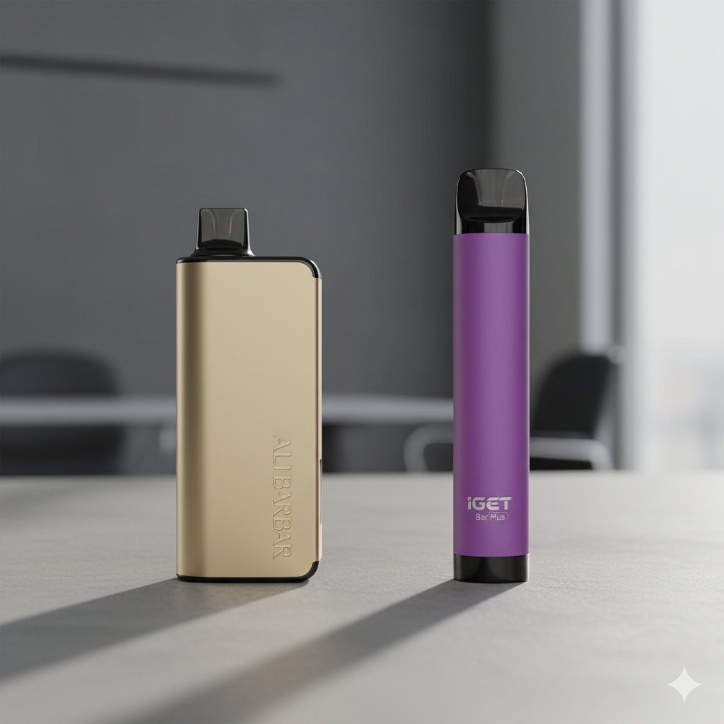 A detailed side-by-side comparison displaying the unique rectangular gold Alibarbar Ingot 9000 Mango Magic next to the cylindrical IGET Bar Plus to highlight their distinct form factors.