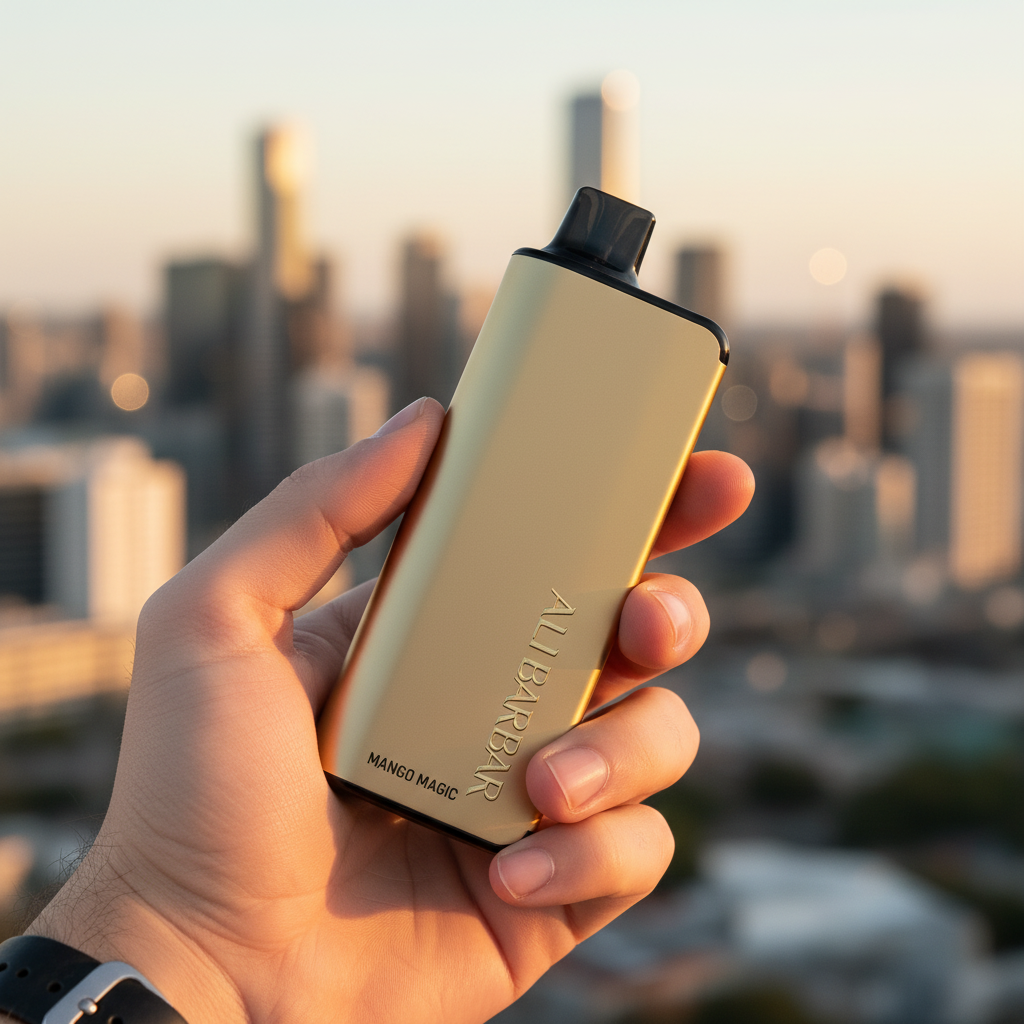 A close-up shot of the premium gold Alibarbar Ingot 9000 Mango Magic disposable vape being held in-hand, with a softly blurred Australian outdoor setting in the background.