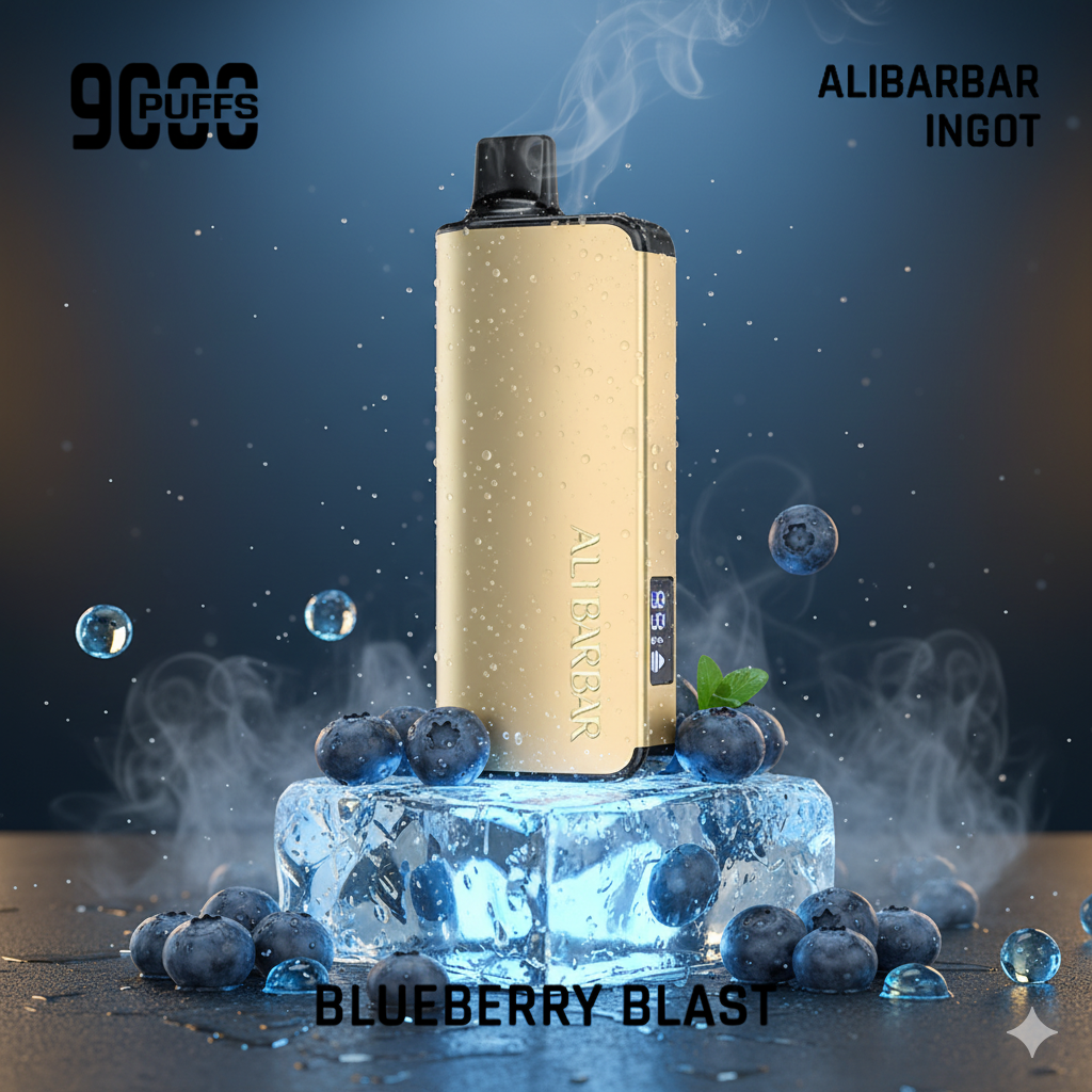 A graphic showing blueberry candy and ice cubes to represent the flavour profile of the Alibarbar Ingot 9000 Blueberry Blast.