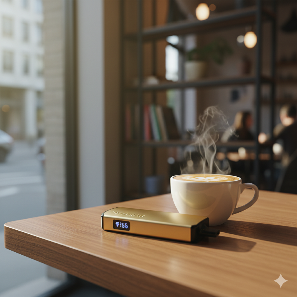 The Alibarbar Ingot 9000 vape sitting on a cafe table next to a coffee in Melbourne, showing its size in a real-world setting.