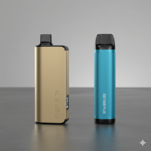 The Alibarbar Ingot 9000 Blueberry Blast next to an IGET Bar Plus, comparing their size and design.